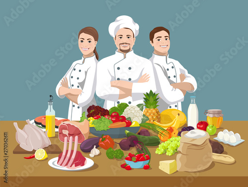 Middle aged European male chef and cooker assistants in the kitchen and lots of variety of products in the foreground. Cooking concept. Vector illustration.