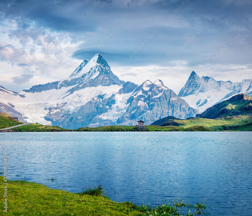 Impressive summer view of Schreckhorn peak. Colorful morning scene of Bachalpsee lake, Swiss Bernese Alps, Switzerland, Europe. Beauty of nature concept background.