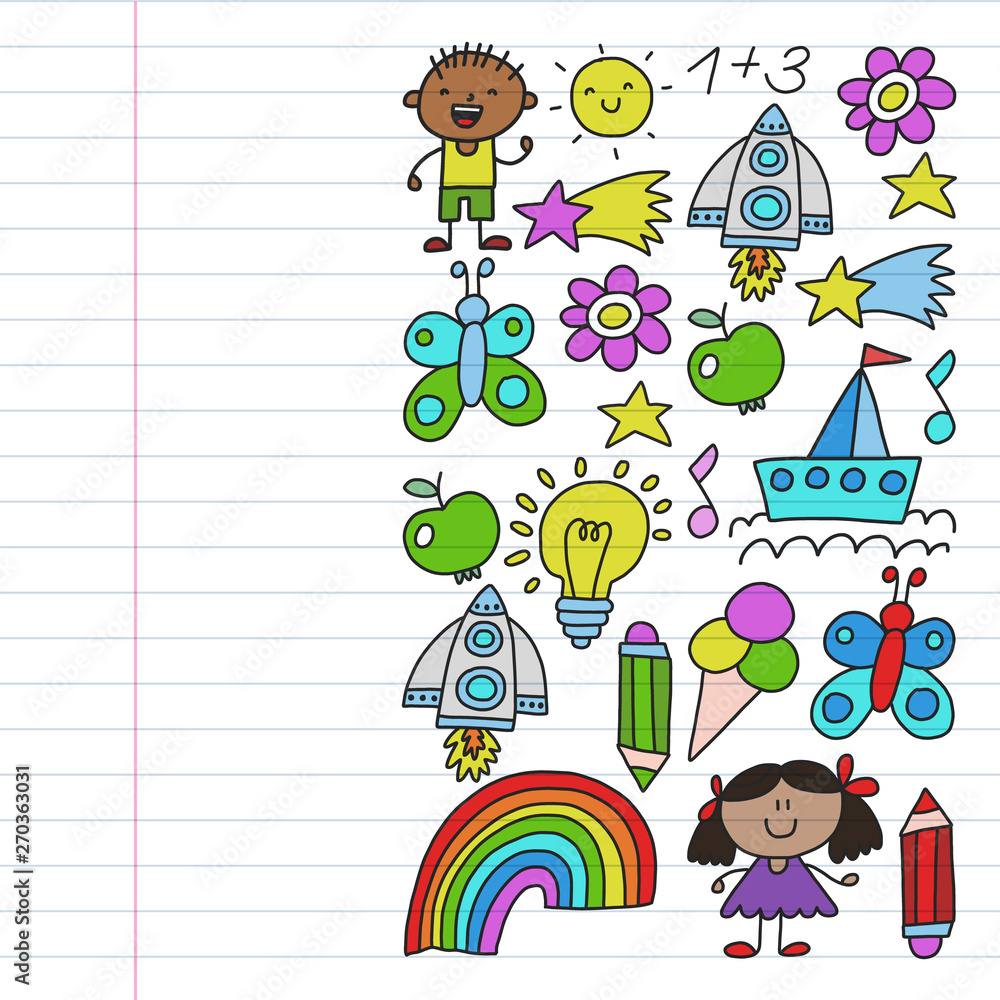 Children garden, Patern, Hand drawn children garden elements pattern, doodle illustration, Vector, illustration, Vertical, line.