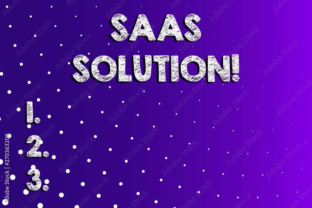 Text sign showing Saas Solution. Business photo showcasing software delivery method that provides access to software Lilac Violet Background White Polka Dots Scattered in Linear Perspective