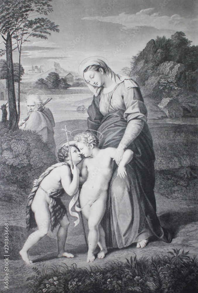The Madonna del Passeggio by Raphael Sanzio in a vintage book Rafael's Madonnen, by A. Gutbier, 1881, Dresden. The Madonna del Passeggio by Raphael Sanzio in a vintage book Rafael's Madonnen, by A. Gutbier, 1881, Dresden.