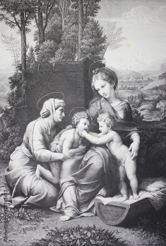 The Small Holy Family by Raphael Sanzio in a vintage book Rafael's Madonnen, by A. Gutbier, 1881, Dresden. photo