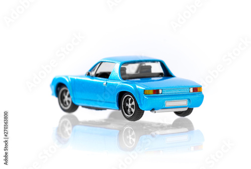 Beautiful vintage and retro model blue car with side view profile  isolated on white background  Traveling and transport concept.