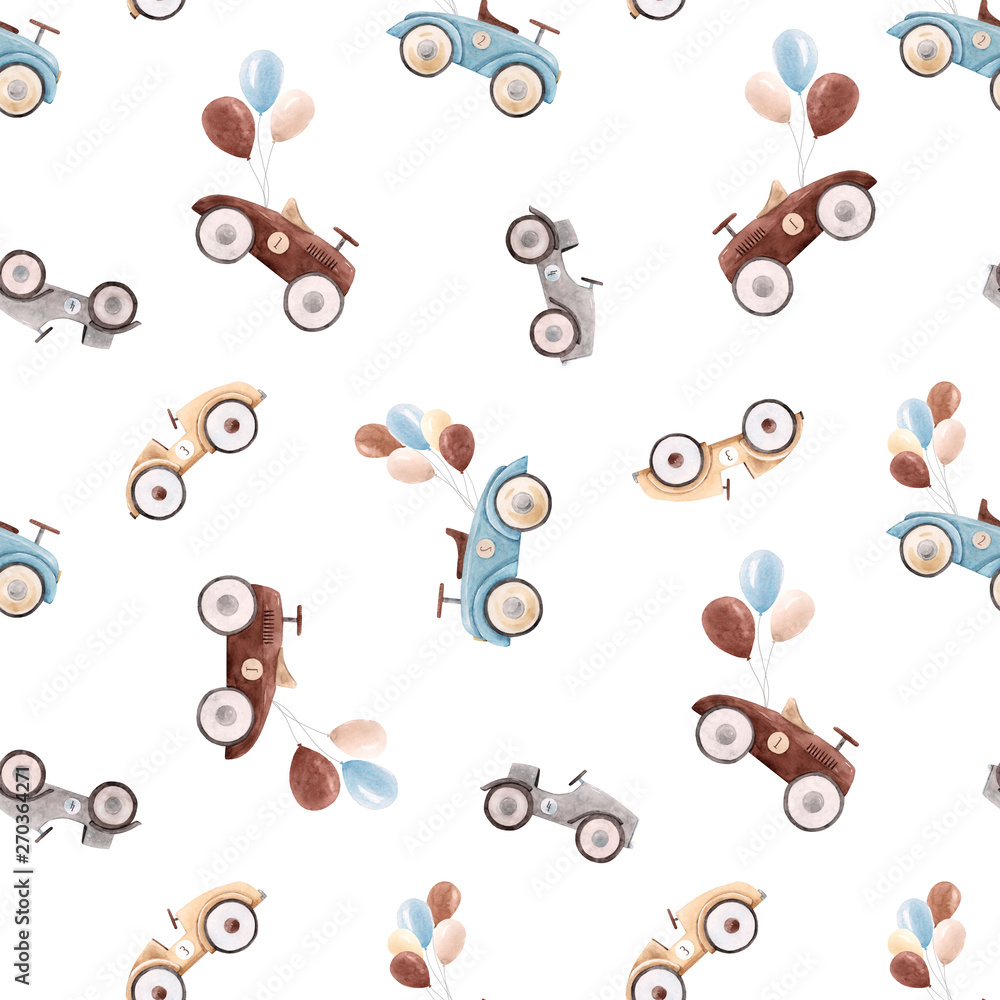 Fototapeta Watercolor baby car pattern