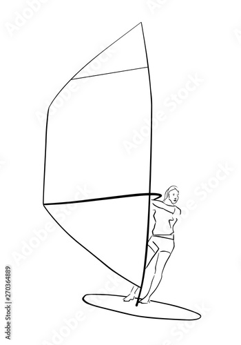 Single female windsurfer on windsurf board. Abstract isolated contour. Hand drawn outlines. Black line drawing. Windsurfing illustration. Vector silhouette.