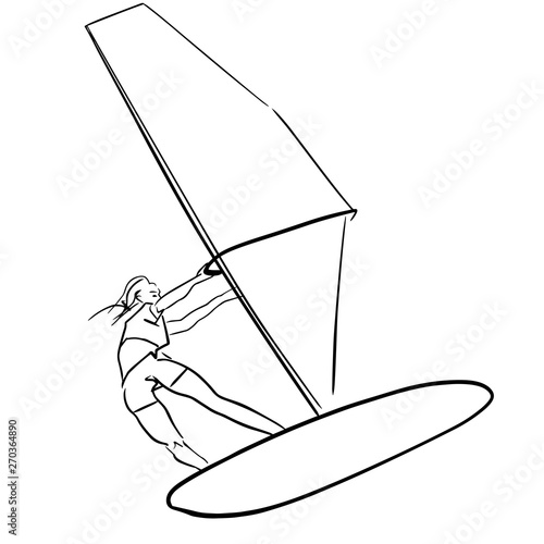Single female windsurfer on windsurf board. Abstract isolated contour. Hand drawn outlines. Black line drawing. Windsurfing illustration. Vector silhouette.