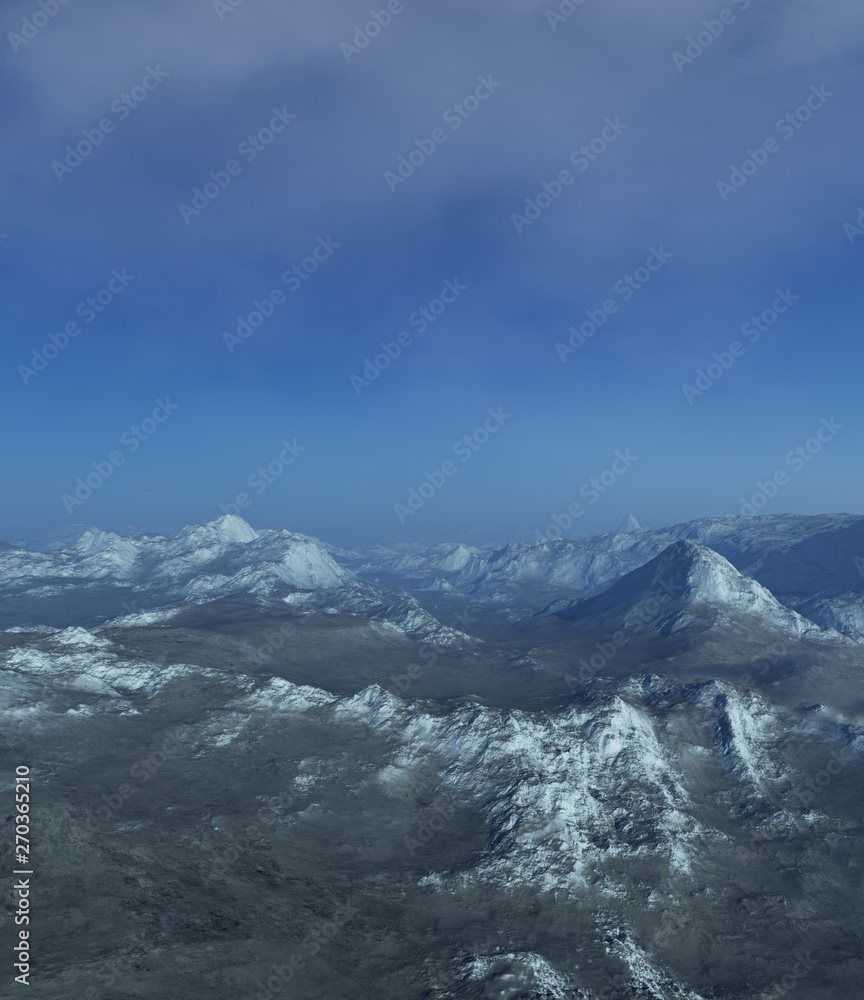 3d generated fantasy landscape of lonely desert mountains in the snow