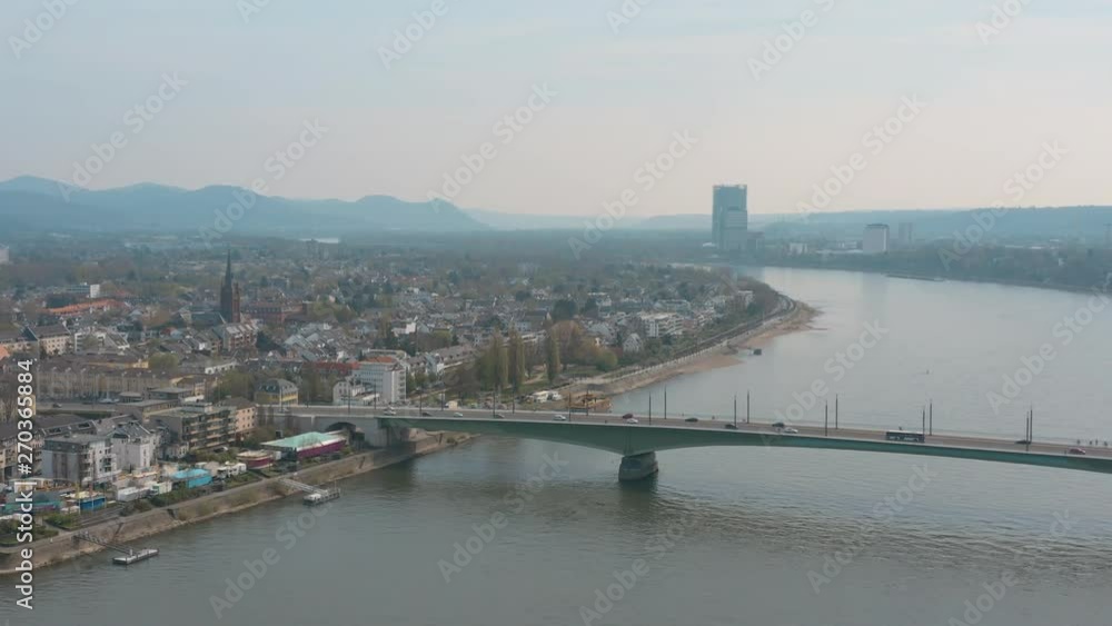 Drone / Aerial shot of the panorama of Bonn and Bonn - Beuel Kennedybücke Kennedy bridge ships and the post tower with the river rhine and the opera 25p Drone / Aerial shot of the panorama of Bonn and Bonn - Beuel Kennedybücke Kennedy bridge ships and the post tower with the river rhine and the opera 25p