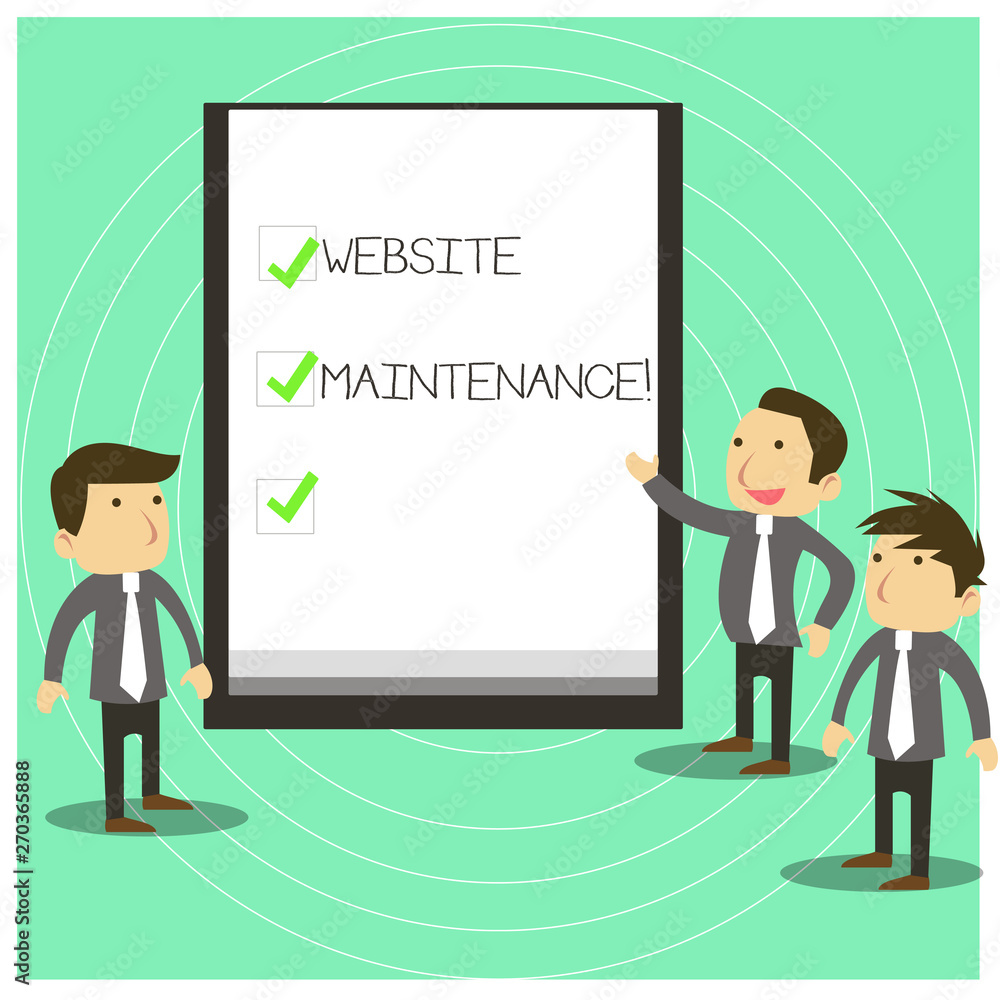 Conceptual hand writing showing Website Maintenance. Concept meaning act of regularly checking your website for issues Business Colleagues Discuss Missions Whiteboard Ticks Conceptual hand writing showing Website Maintenance. Concept meaning act of regularly checking your website for issues Business Colleagues Discuss Missions Whiteboard Ticks