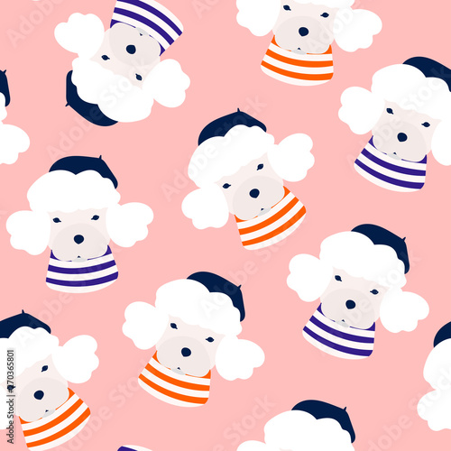 French poodle dog. Little puppy with barret hat and striped shirt. Cute funny character. Hand drawn vector seamless pattern. Colored trendy illustration. Flat design. Pink background