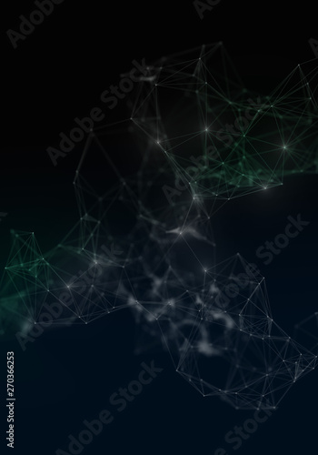 Plexus lines  dots and light beams with light points. Abstract technology  science and engineering background. Depth of field settings. 3D rendering.