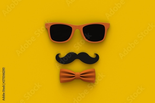 Happy Father’s Day concept with mustache and glasses on yellow background, Top view with copy space, 3d rendering