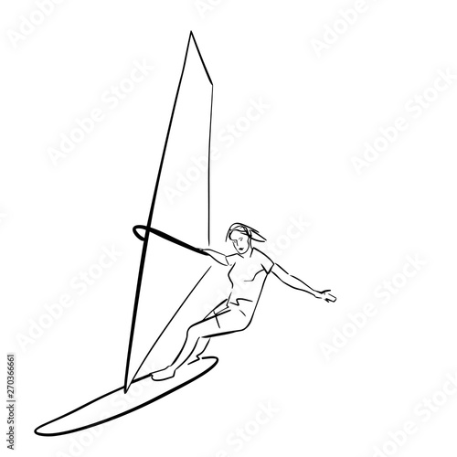 Single female windsurfer on windsurf board. Abstract isolated contour. Hand drawn outlines. Black line drawing. Windsurfing illustration. Vector silhouette.