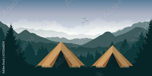 camping adventure in the wilderness two tents in the forest at green mountain landscape vector illustration EPS10