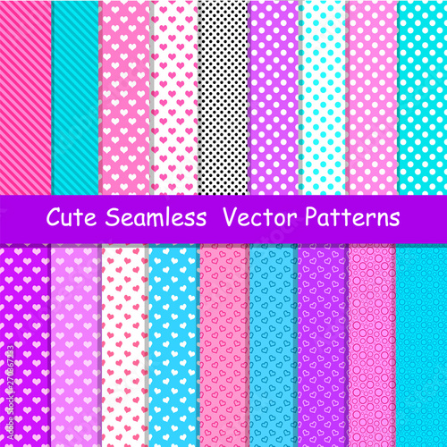 Seamless vector patterns in lol doll surprise style. Endless backgrounds with stripes and polka dots
