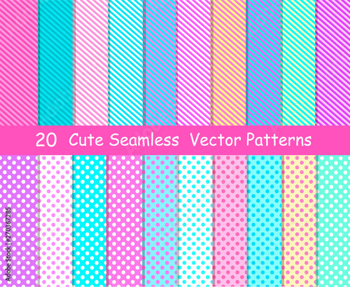 Seamless vector patterns in lol doll surprise style. Endless backgrounds with stripes and polka dots