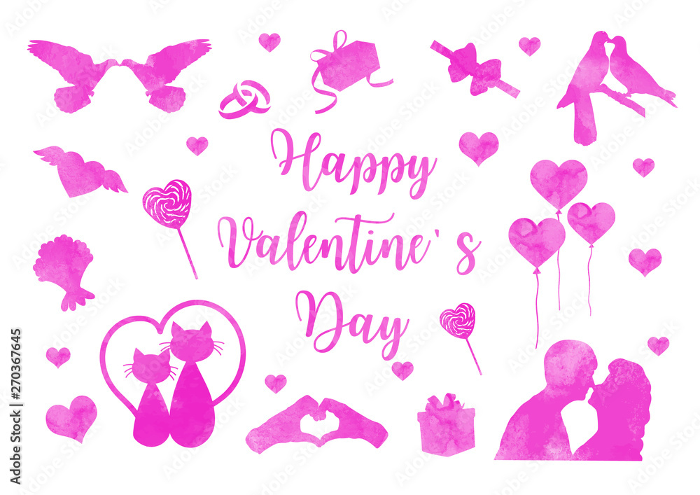 Happy Valentine's Day icon set of watercolor silhouettes. Cute romance love collection of design elements with heart, couple, cats, pigeons. Vector illustration
