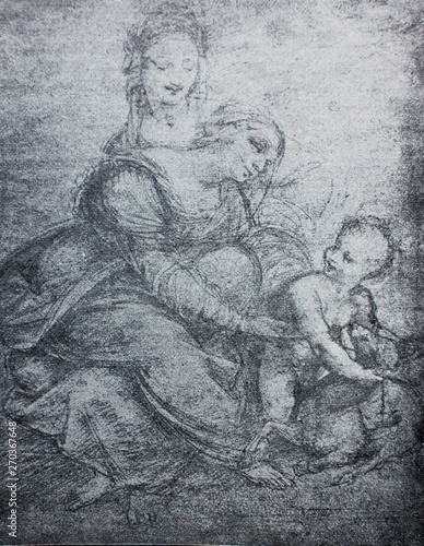 Etudes of woman with a child by Leonardo Da Vinci in a vintage book Leonard de Vinci, author A. Rosenberg, 1898, Leipzig