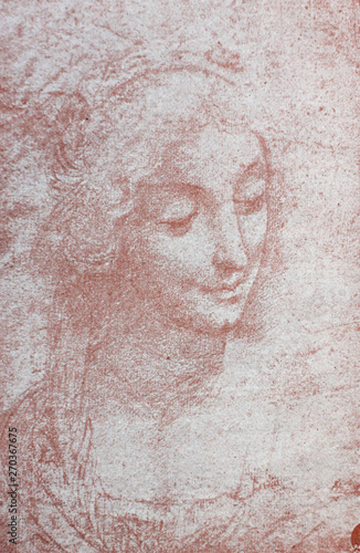 Photo Etudes of young woman by Leonardo Da Vinci in a vintage book Leonard de Vinci, author A
