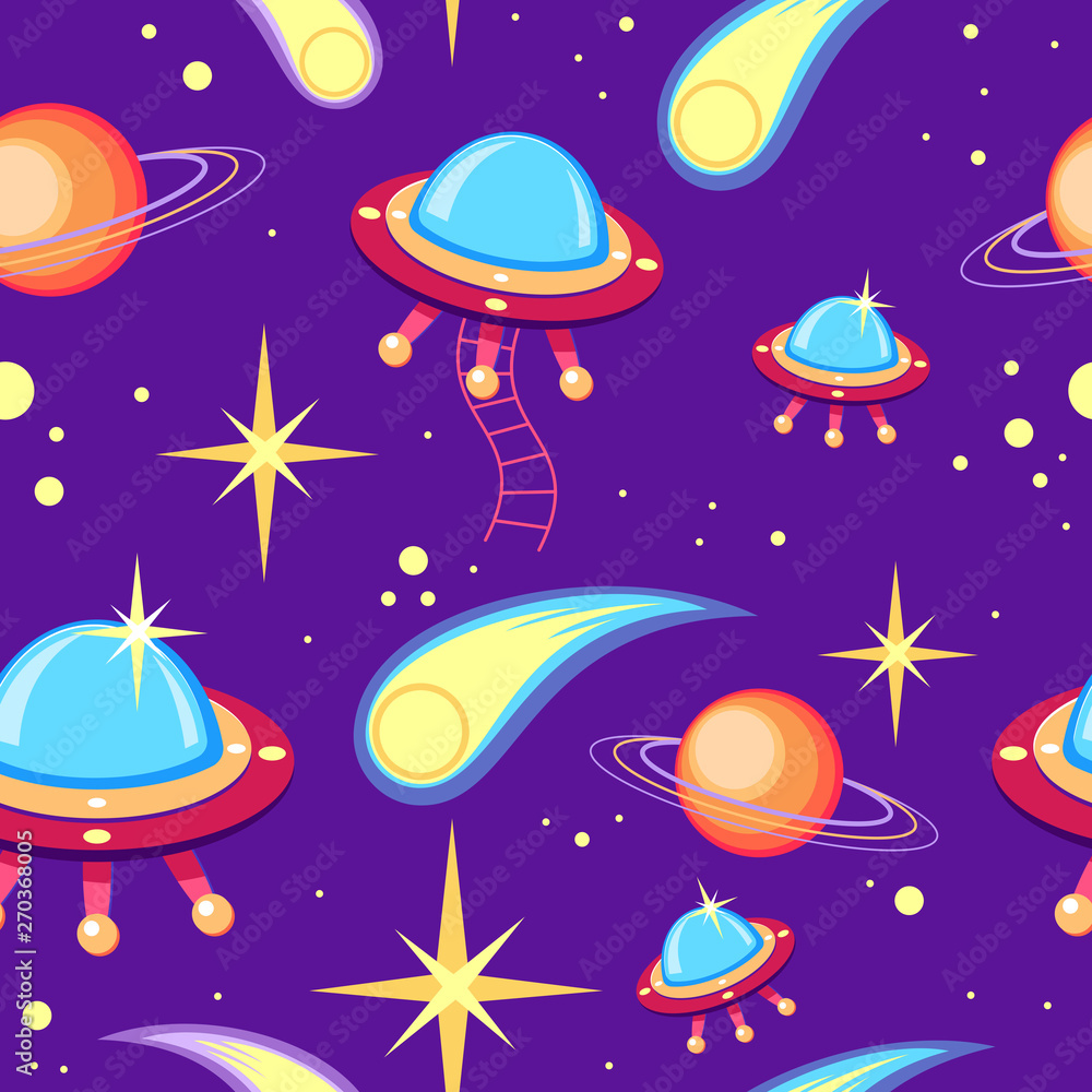 Space seamless pattern on purple background. Space, stars, planets, meteor, flying saucer. Aliens. UFO day. Space seamless pattern on purple background. Space, stars, planets, meteor, flying saucer. Aliens. UFO day.
