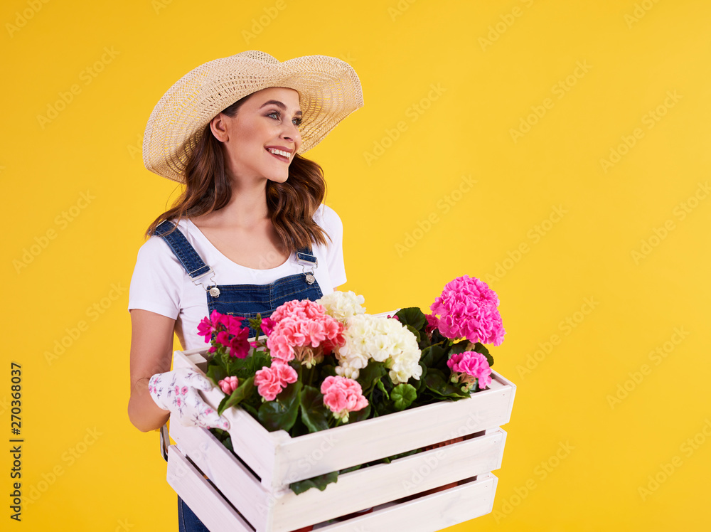 Young woman carrying wooden crate with beautiful flowers Young woman carrying wooden crate with beautiful flowers
