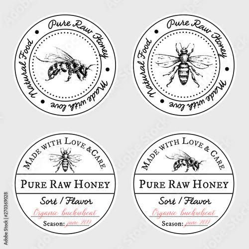 Set of vector card templates with honey bee - round lid labels or badges.