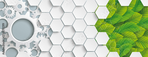 Eco Industry Hexagon Gears Green Leaves Header