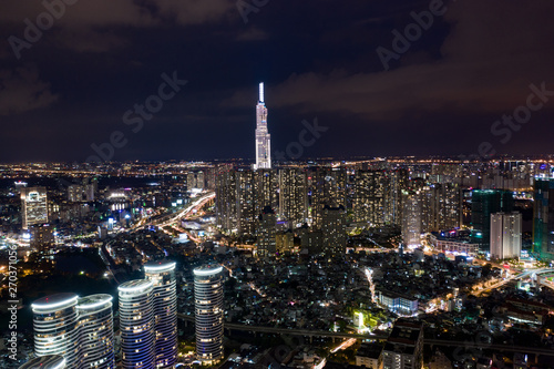 Landscape at Ho Chi Minh city at night - at Viet nam  by drone 