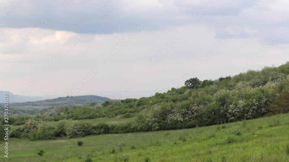 Timelapse across open, green, farmland countryside landscape field with fast moving clouds. Mogyorod, Hungary Timelapse across open, green, farmland countryside landscape field with fast moving clouds. Mogyorod, Hungary