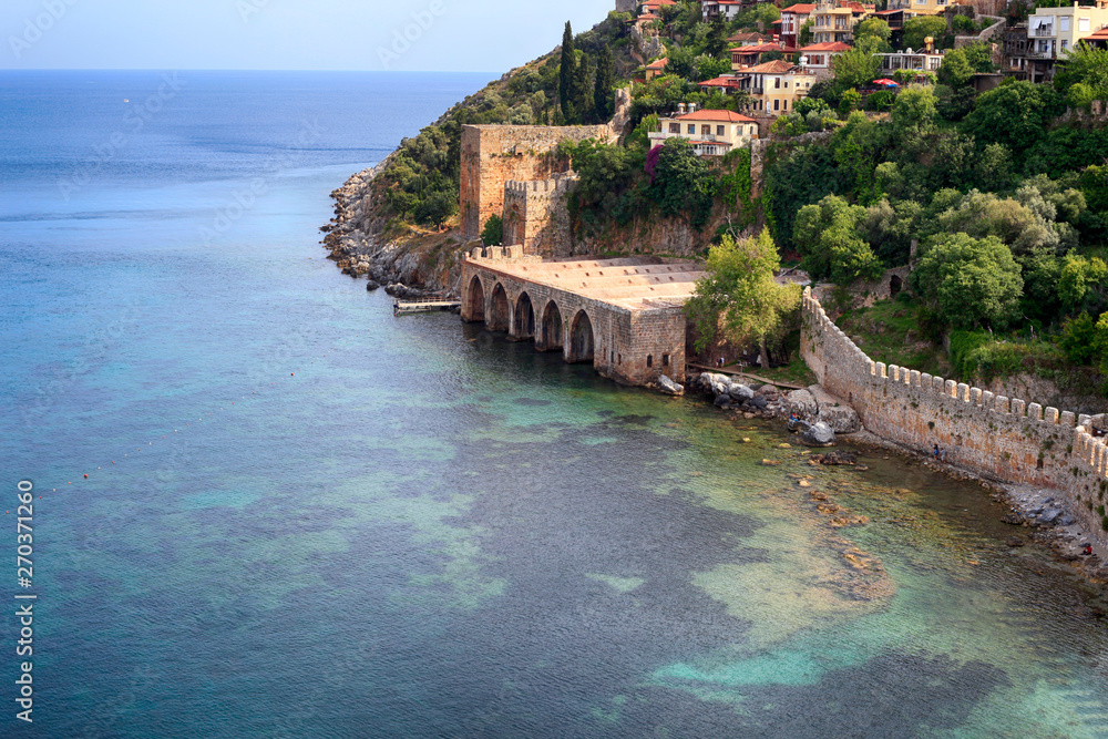 Scenic view of Dockyard and arsenal in Alanya on a beautiful, sunny day, Turkey