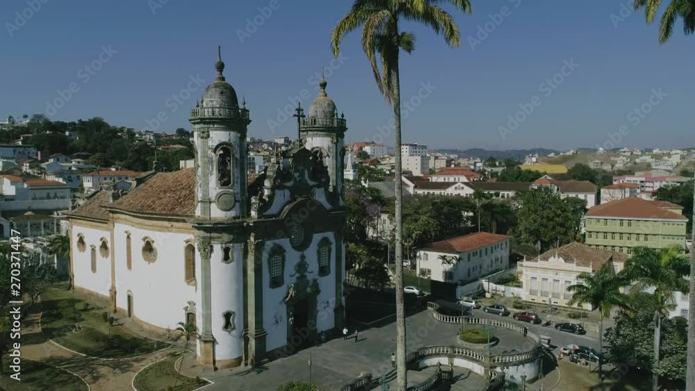 Aerial video of a historical church in Minas Gerais, Brazil.