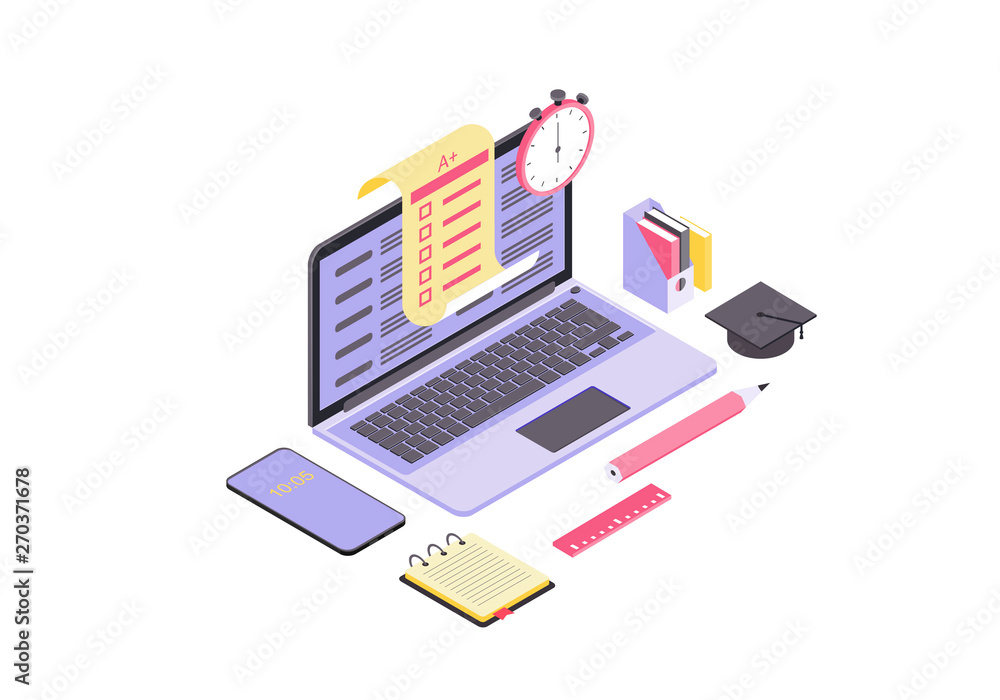 Online test isometric color vector illustration