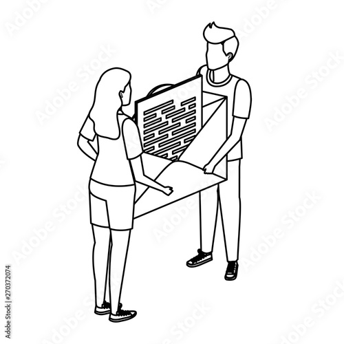 young couple lifting envelope mail send