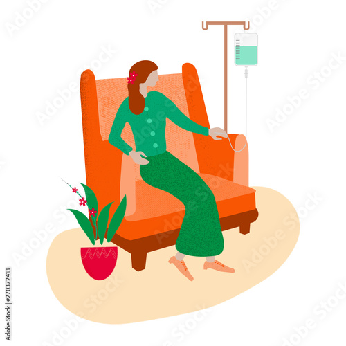 A vector illustration of a female patient sitting on an orange arm chair taking intravenous fluid for her treatment. Fighting cancer concept.