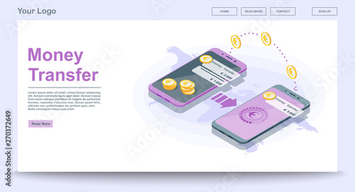Global money transfer web page vector template with isometric il