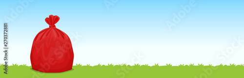 bag red plastic garbage on the grass blue sky background, garbage bags for waste, pollution plastic bag waste, 3r ad, waste plastic bags and copy space for banner advertising background
