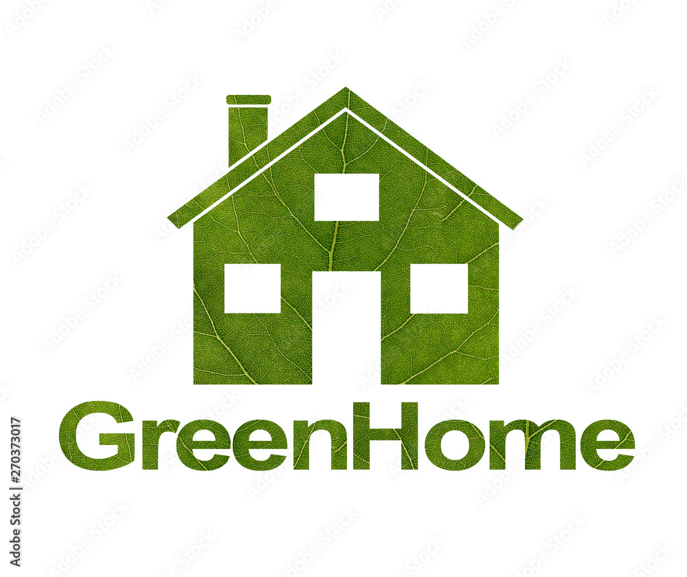 House icon on a white isolated background from a green leaf. The inscription Green Home. Close-up, macro