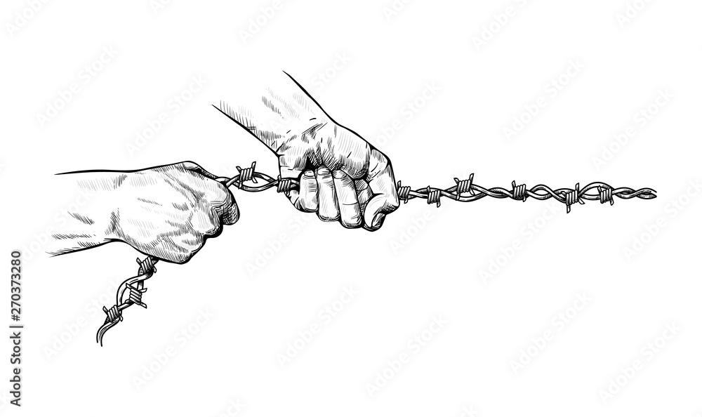 Male hands strongly squeeze and pull metal barbed wire as a rope