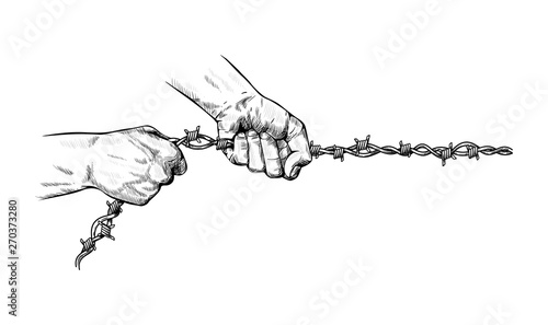 Male hands strongly squeeze and pull metal barbed wire as a rope, symbol of slavery, dependencies, prohibition, liberation from dependence. Hand drawn vector. Concept of the struggle for the right 