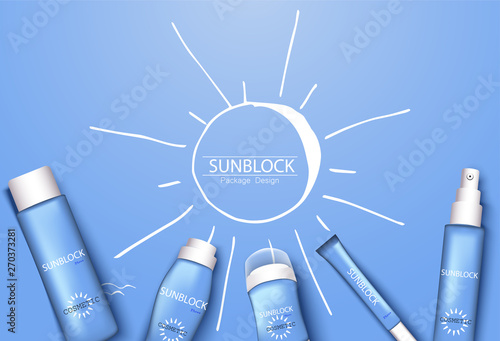mono-color blue trendy illustration, sun-protection cosmetics packaging design template. Sunscreen and sunblock cream, spray, milk, antiperspirant