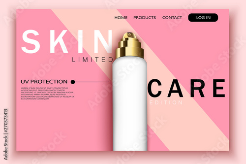 Vector 3d realistic cosmetic bottles on pink site template with typographic background. Mock-up for product package branding. web page design