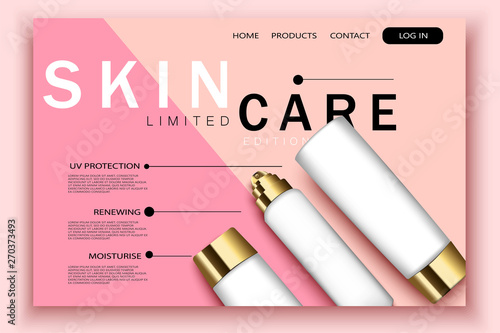 Vector 3d realistic cosmetic bottles on pink site template with typographic background. Mock-up for product package branding. web page design
