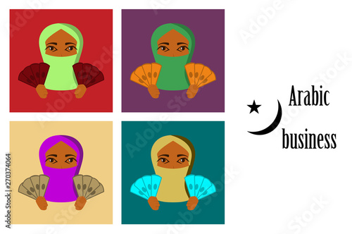 assembly of flat icons on theme Arabic business Muslim woman