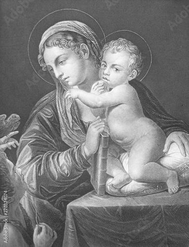 The engraving of Holy Family by Annibale Carracci  in the vintage book the Painting Galleries of Europe, by M.O. Wolf, 1863 photo