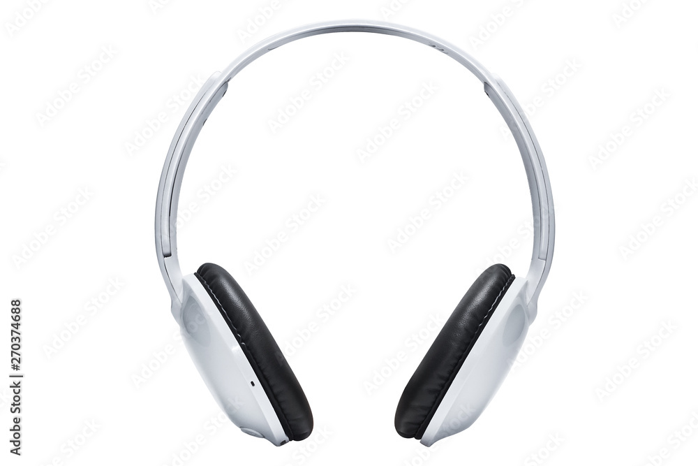 White headphones, black leather Isolated on white background. White headphones, black leather Isolated on white background.