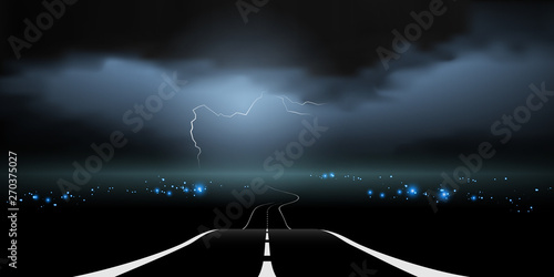night road vector landscape with city lights in the distance