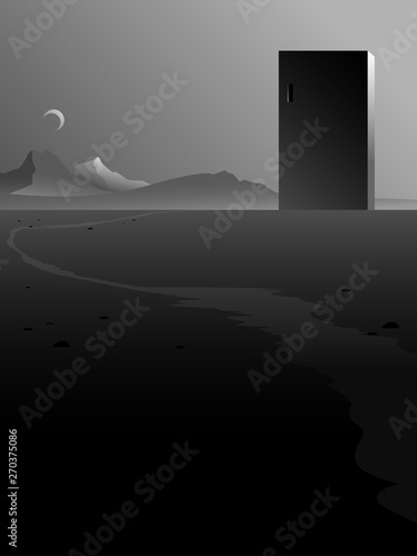 surreal abstract building in minimal landscape, black and white vector