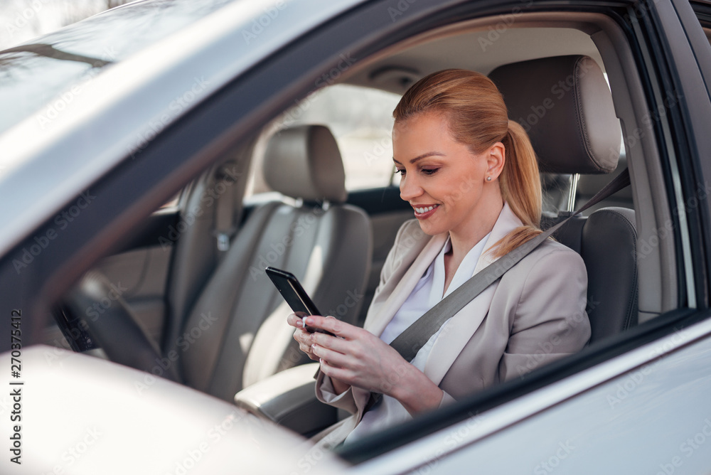Businesswoman texting in the car. Businesswoman texting in the car.