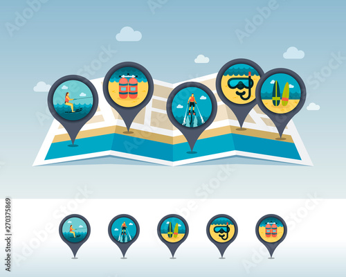 Summer pin map icon located on map. Vacation