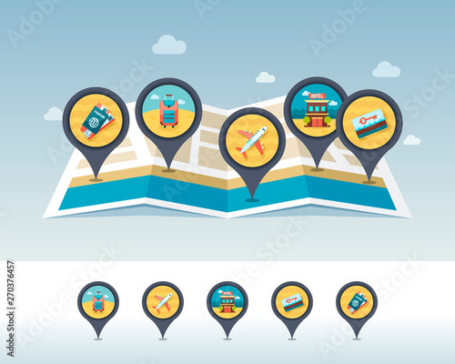 Summer pin map icon located on map. Vacation